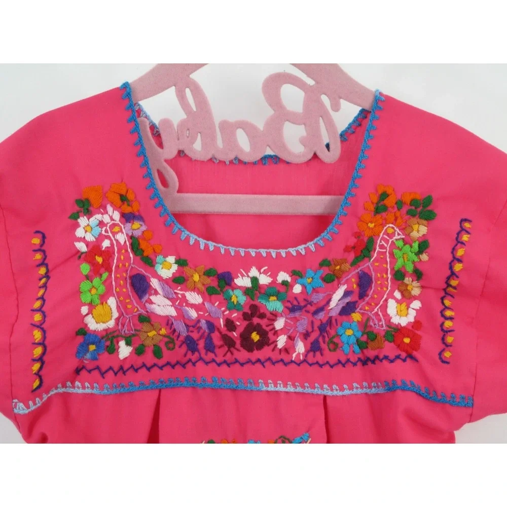 OAXACA Dress Girls 6/7 Pink Floral Embroidery Traditional Mexican Folk Puebla